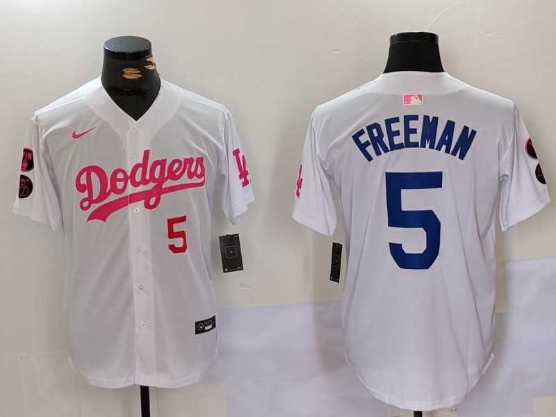 Mens Los Angeles Dodgers #5 Freddie Freeman White Pink Vin & Kobe Patch Stitched Baseball Jerseys